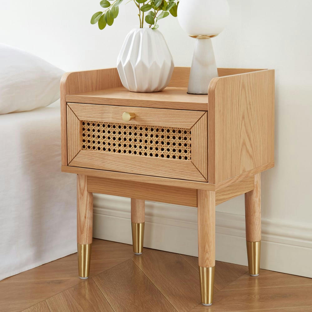 BOMBONG - Table de chevet 1 tiroir en bois et cannage bois clair