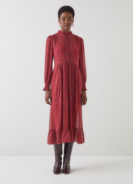 Suzette Red Multi Feather Print Silk Maxi Dress