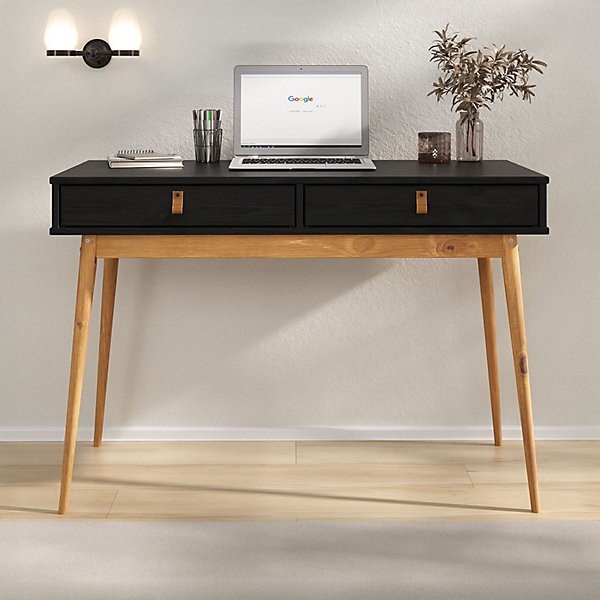 Bureau WANDA avec 2 tiroirs, en pin massif - Coloris noir et chêne