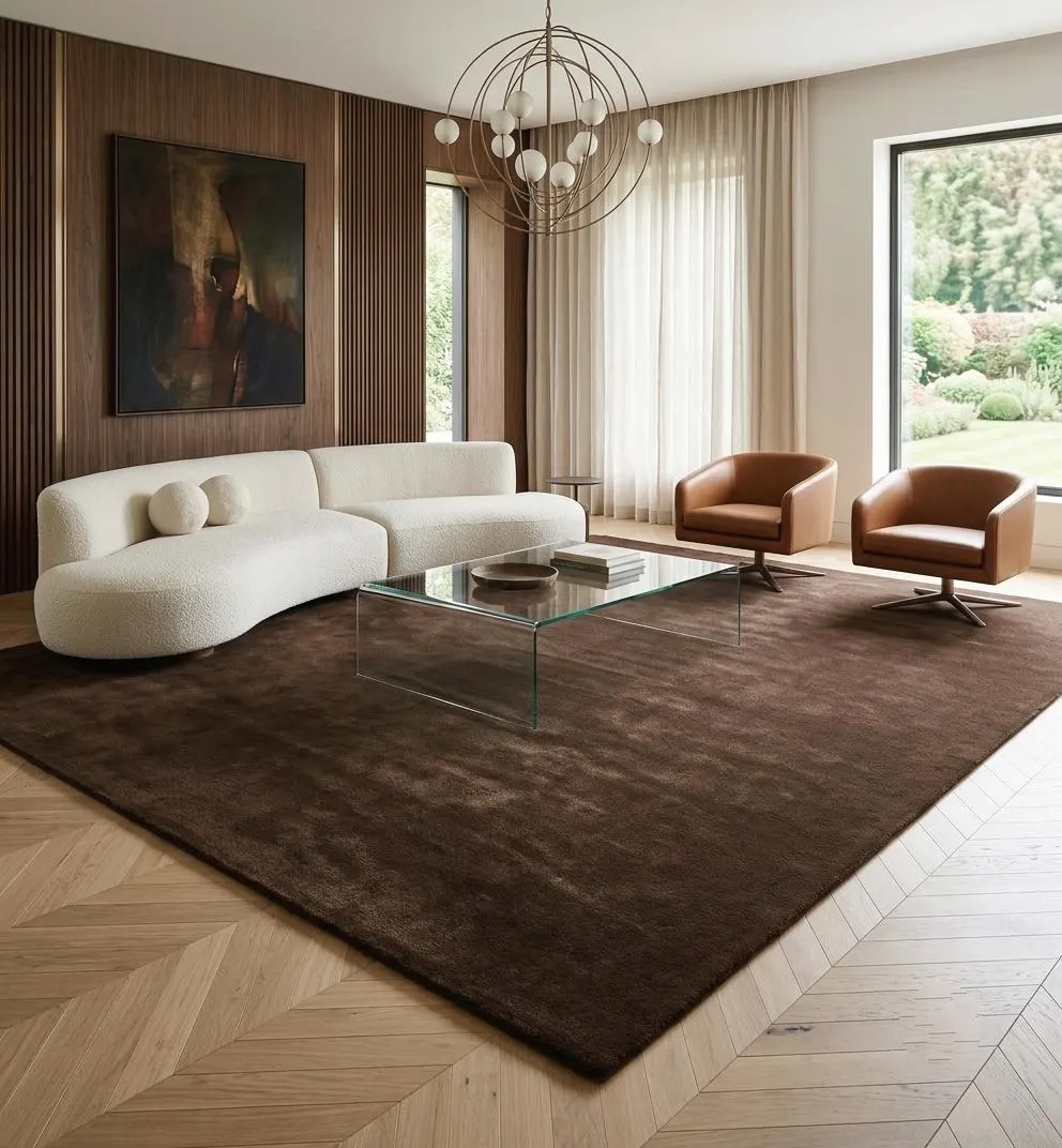 Luxury Dark Brown Wool Area Rug, Modern Minimalist Living Room Carpet, Handmade Textured Rug, Contemporary Neutral Home Decor