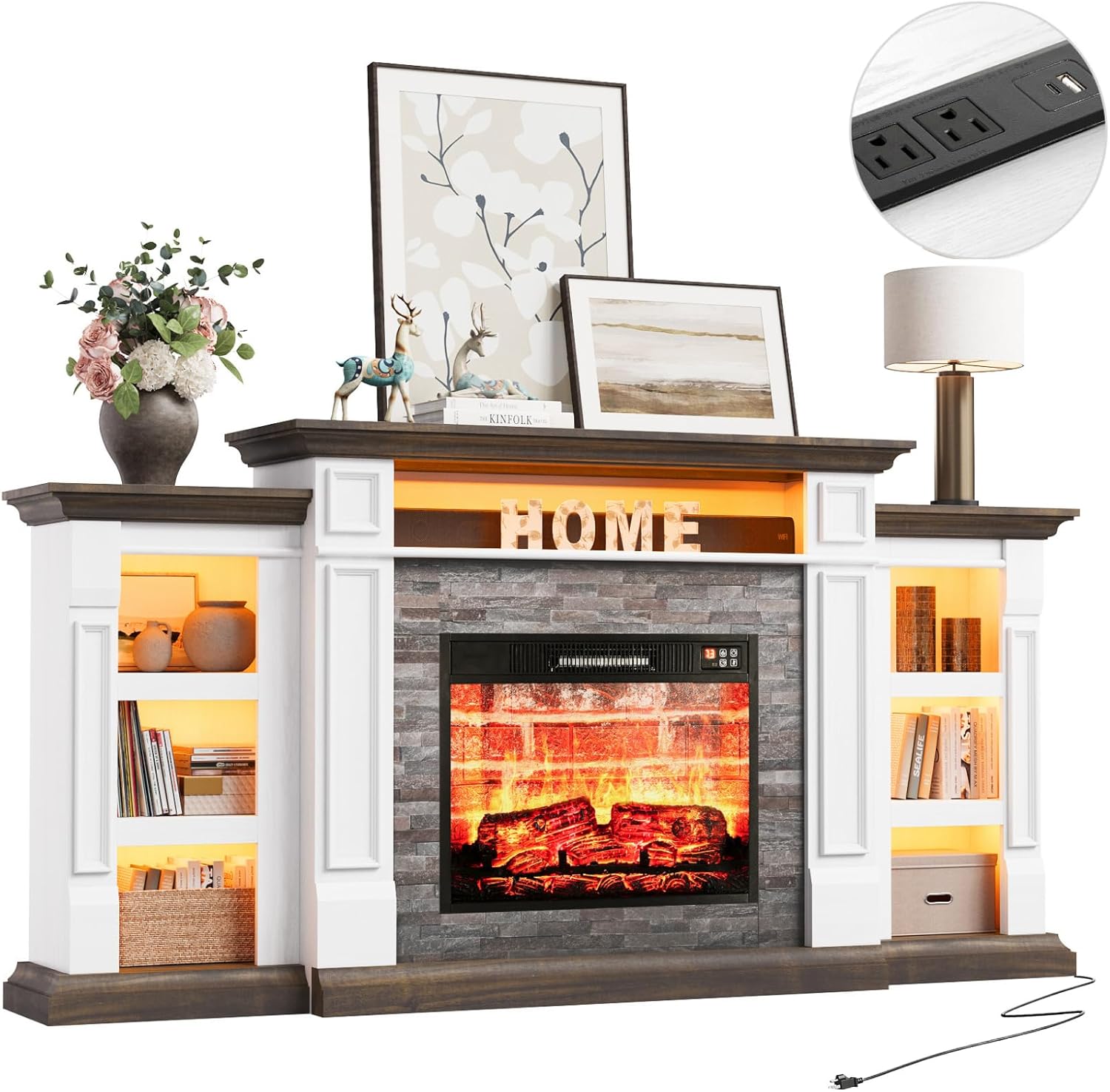 Naice 72 Electric Fireplace with Mantel and Cabinets, Fireplace TV Stand for TVs up to 80, LED Light & Power Outlet, 23in Insert Heater w/Realistic Red Brick Flame for Living Room Bedroom,Brown