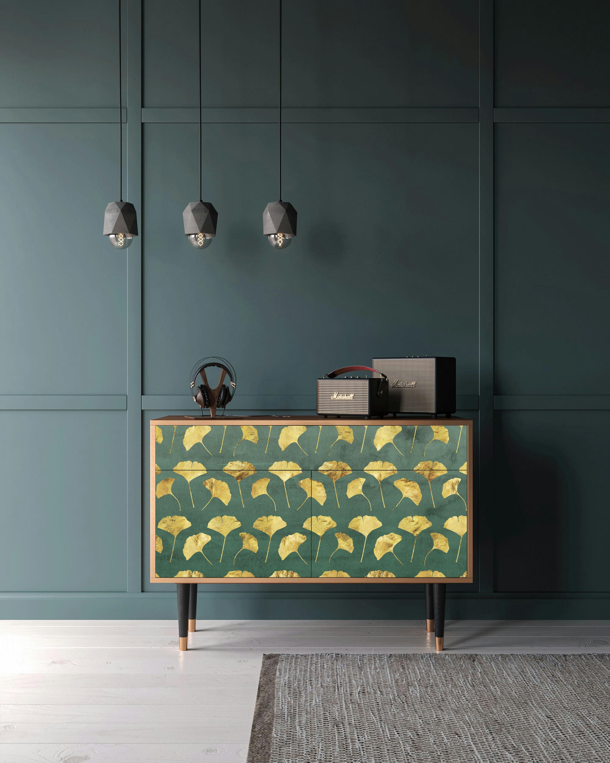 GINGKO LEAVES - Buffet  vert et jaune 2 tiroirs et 2 portes L 115 cm