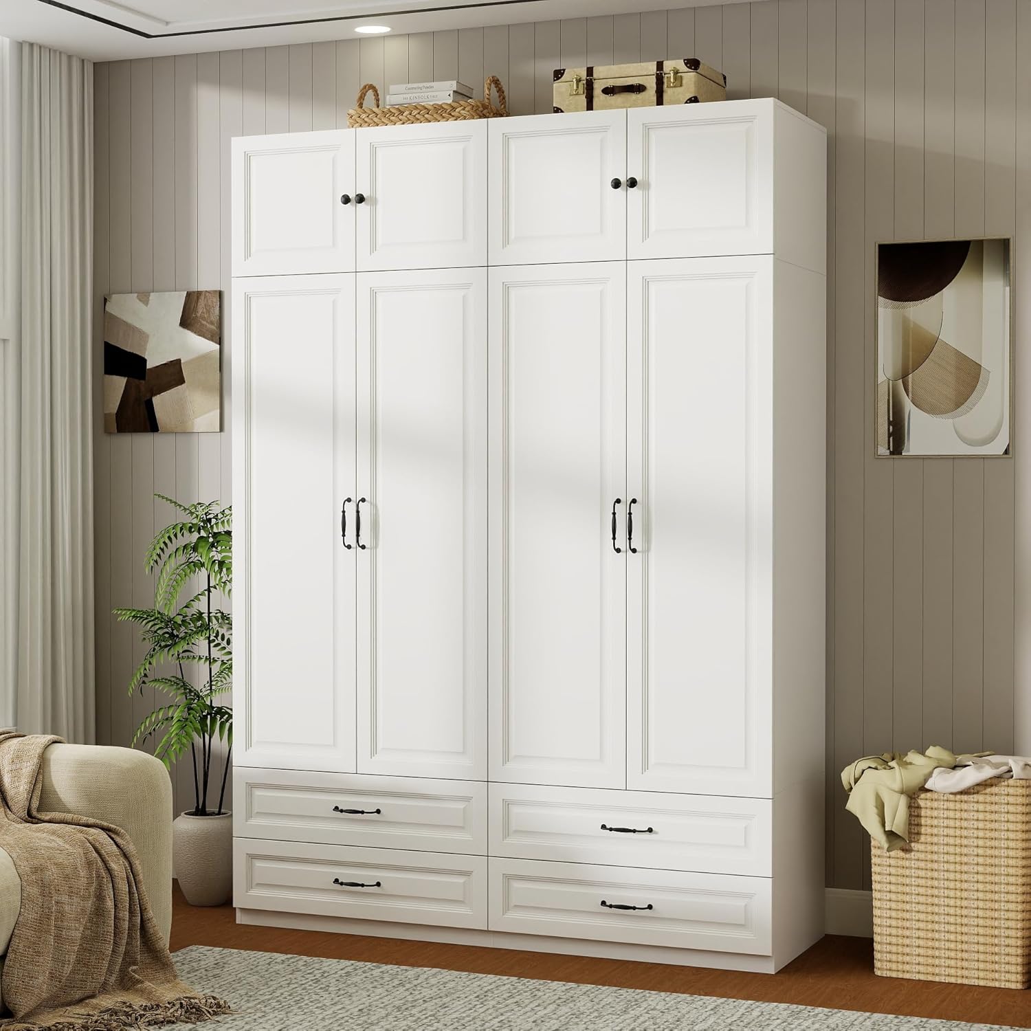 White Armoire Wardrobe Closet: 88 Extra Tall Wardrobe Cabinet with 4 Drawers, Large Wood Armoire Closet with 4 Doors, Modern Bedroom Armoires with Top Cabinet