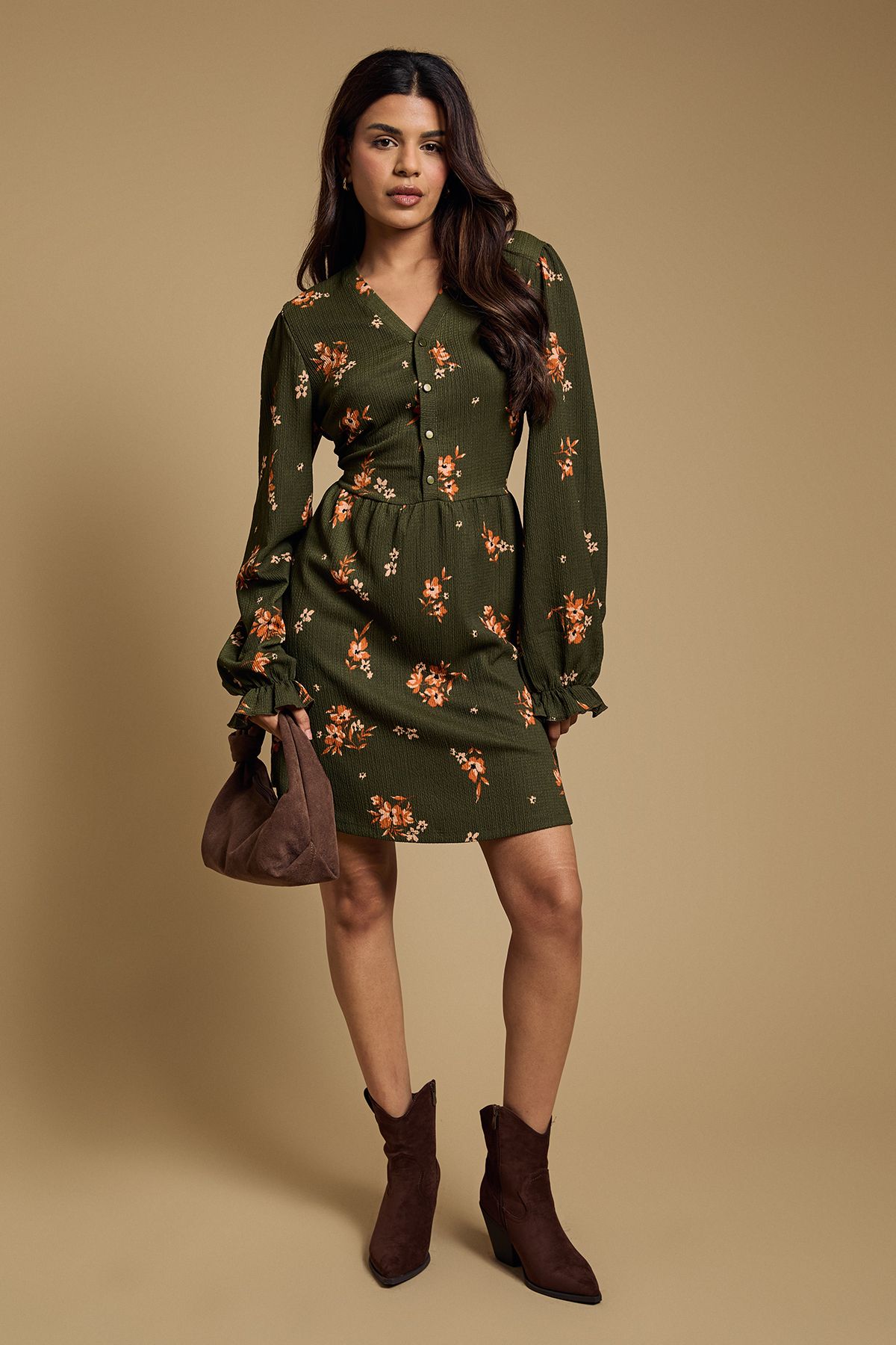 Dorothy Perkins Petite Floral Button Detail Blouson Sleeve Jersey Mini Dress