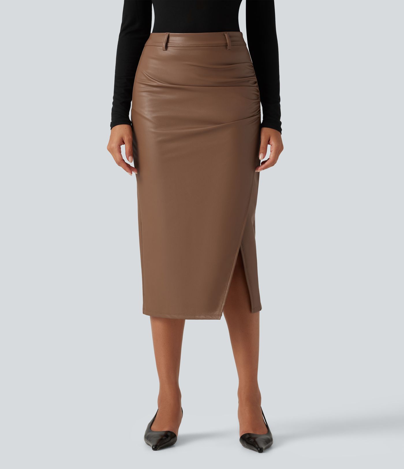 Jupe midi de soirée moulante taille haute froncée en simili doublé polaire avec ourlet fendu