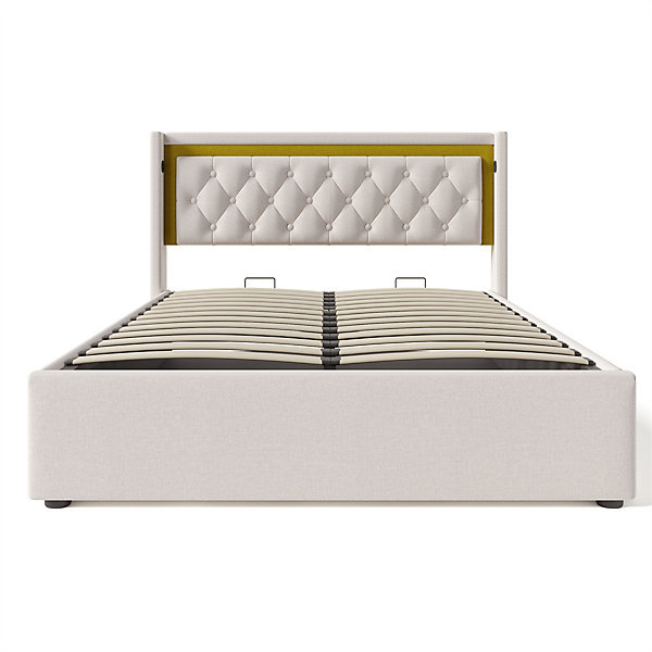 Lit adulte lit 160x200 cm lit rembourré lit de rangement lit sommier à lattes en bois lit double coton beige