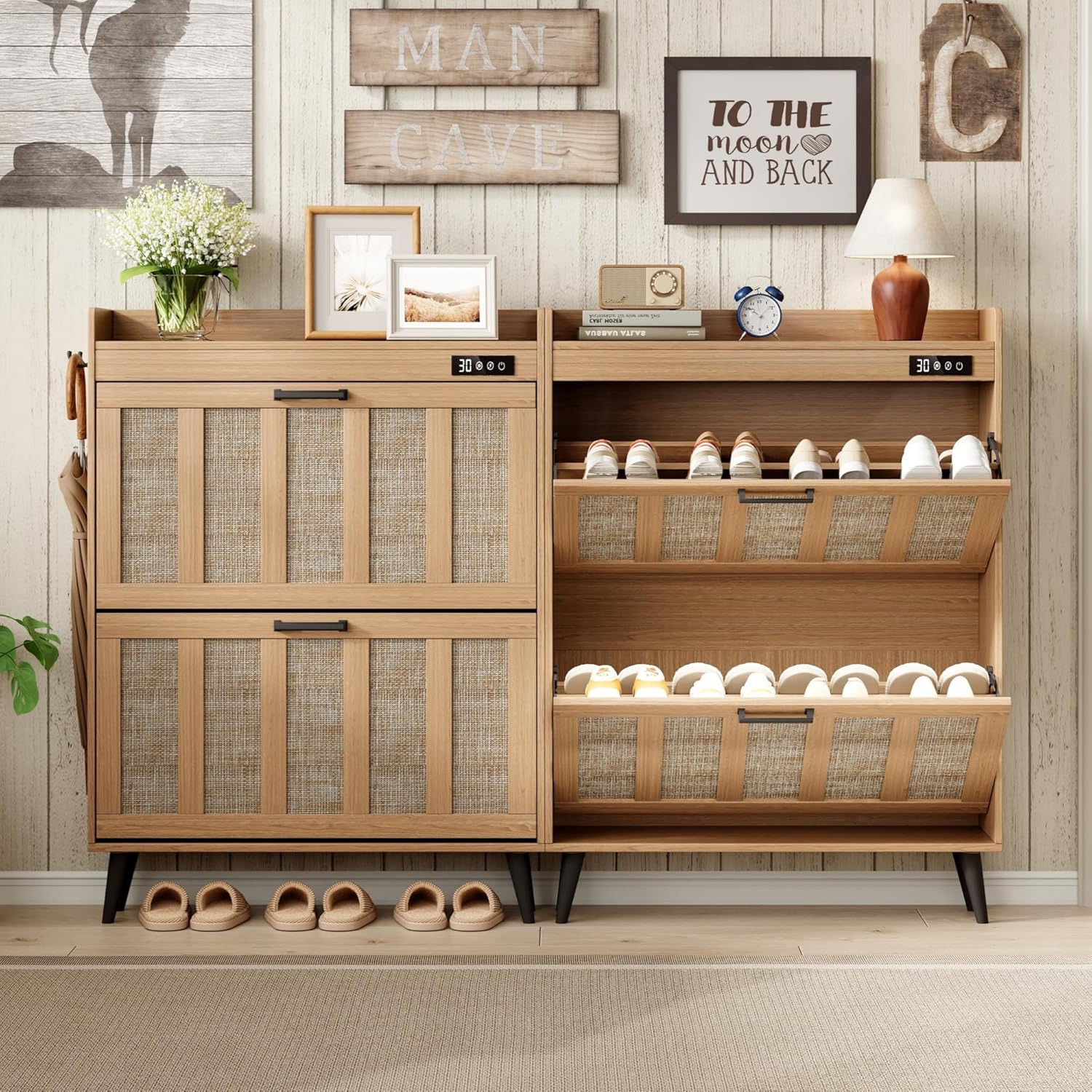 ChooChoo Shoe Storage Cabinet with 2 Flip Drawers, Deodorizing Shoe Organizer Storage for Entryway, Freestanding Hidden Slim Narrow Shoe Rack Cabinet, Rustic Oak