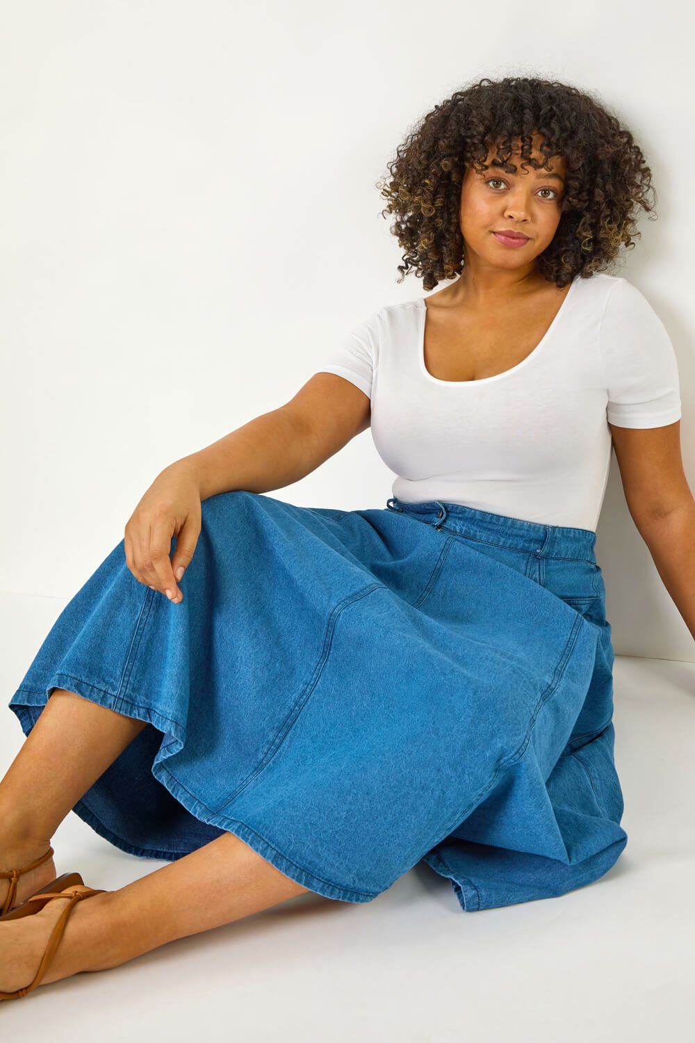 Roman Curve Cotton Denim Swing Skirt