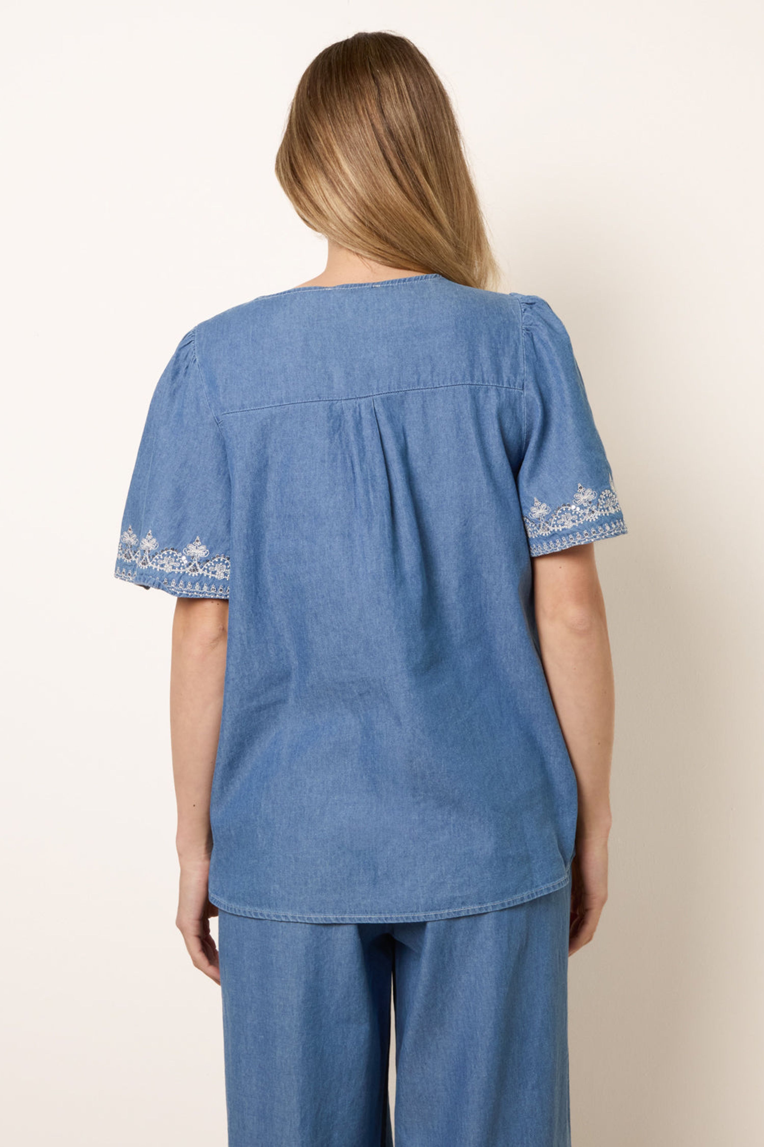 Blue Vanilla Blue Floral Embroidery V Neckline Top