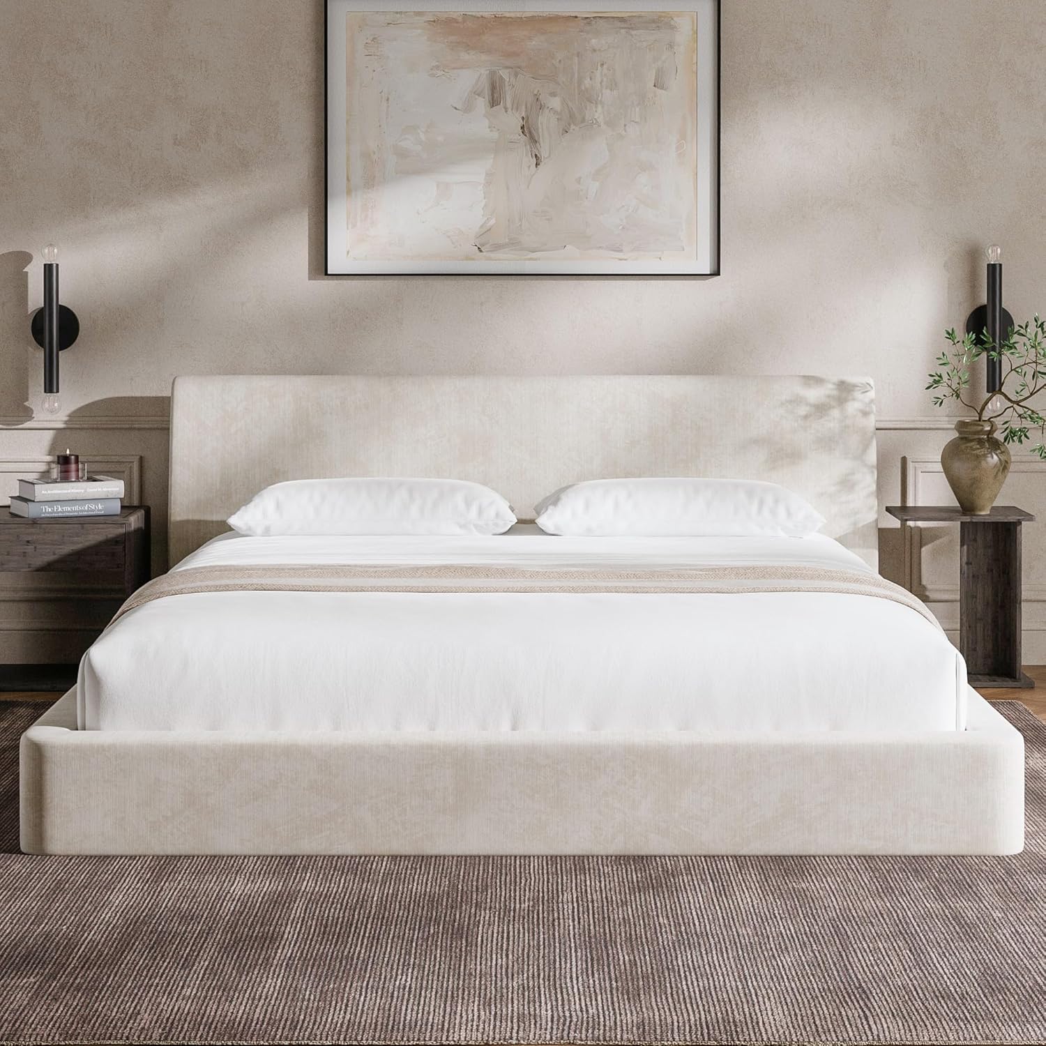 RECCI Cloud King Size Bed Frame with Ergonomic Angled Foam Cushioned Headboard, Minimalist Design Platform Bed Frame, No Box Spring Needed, Easy Assembly (Beige)