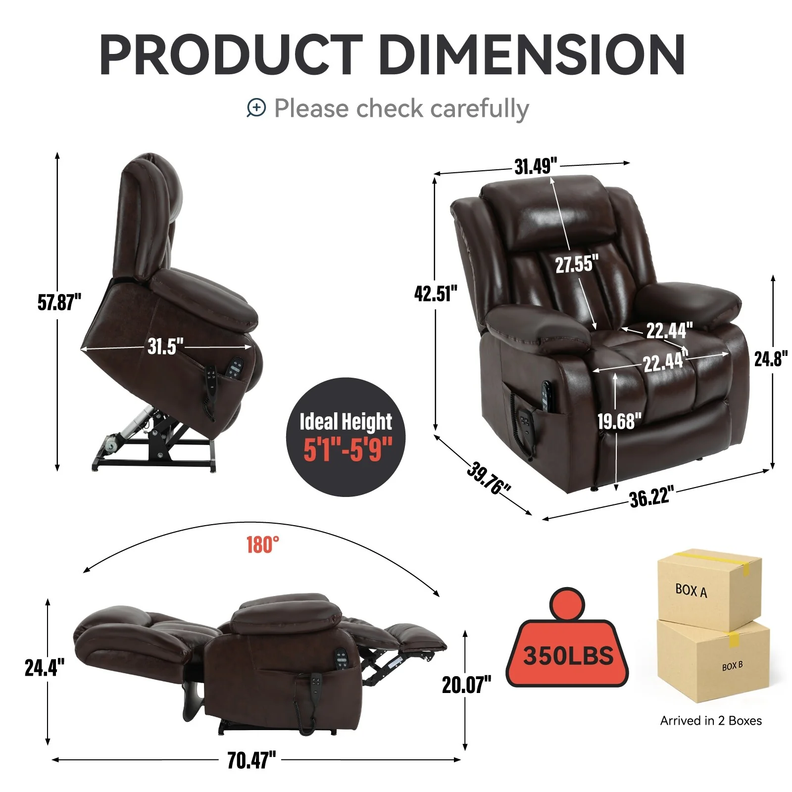 Brown Electric Power Lift Recliner Chair with Dual Motors, 8-Point Vibration Massage, and Lumbar Heating
