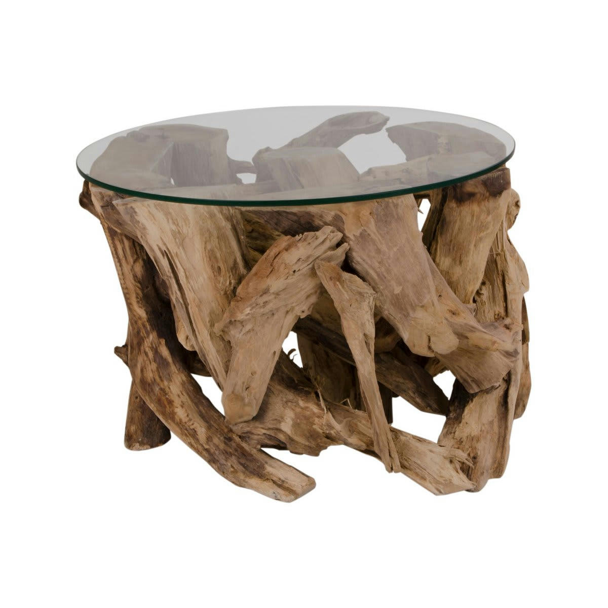 ULYSSA - Table basse en verre pieds racine bois
