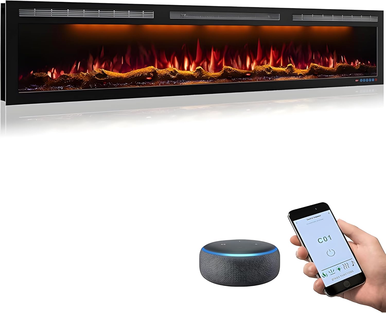 72 Inch WiFi Electric Fireplace Heater, Recessed or Wall Mounted, Ultra‑Slim 5.51 Deep, 750/1500W, 12 Flame Colors & 12 Ember Bed Colors,Remote & App Control, Works with Alexa & Google Home