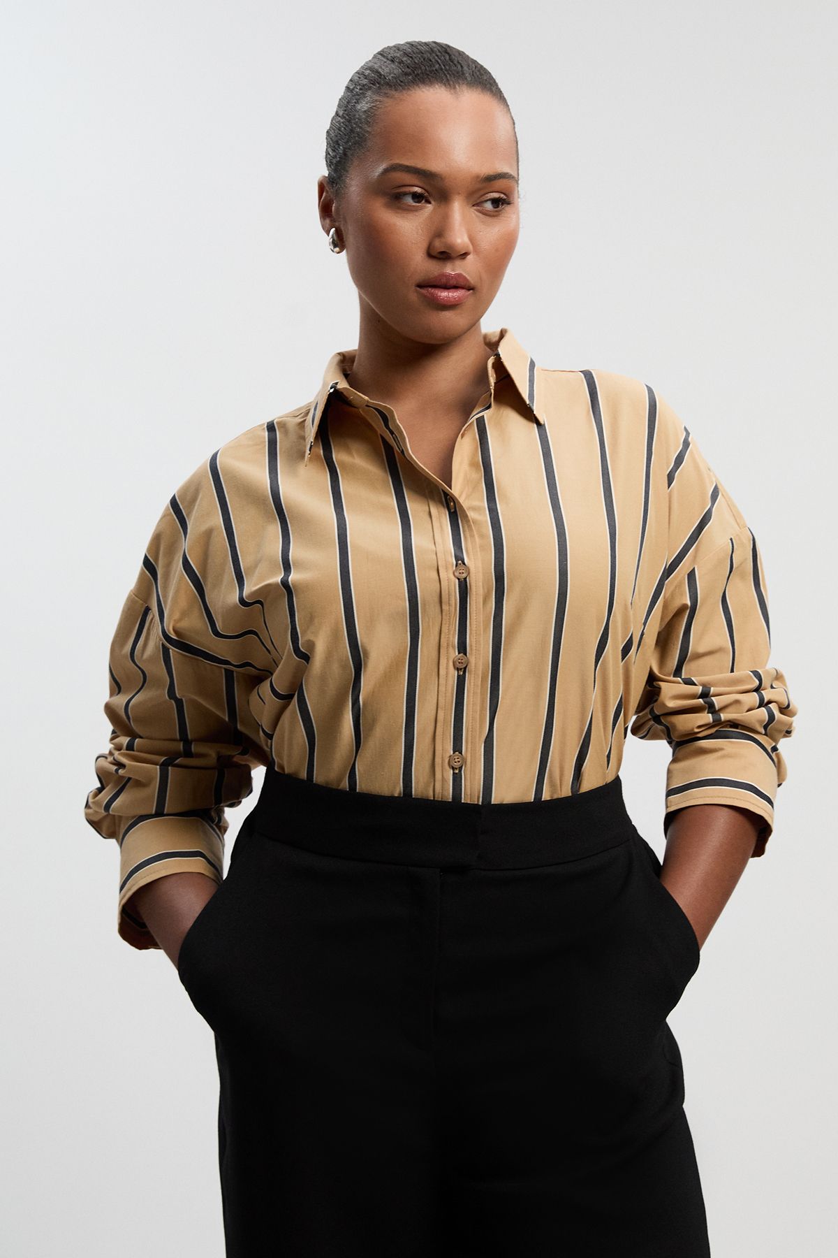 KarenMillen Plus Size Stripe Cotton Oversize Tailored Essential Shirt