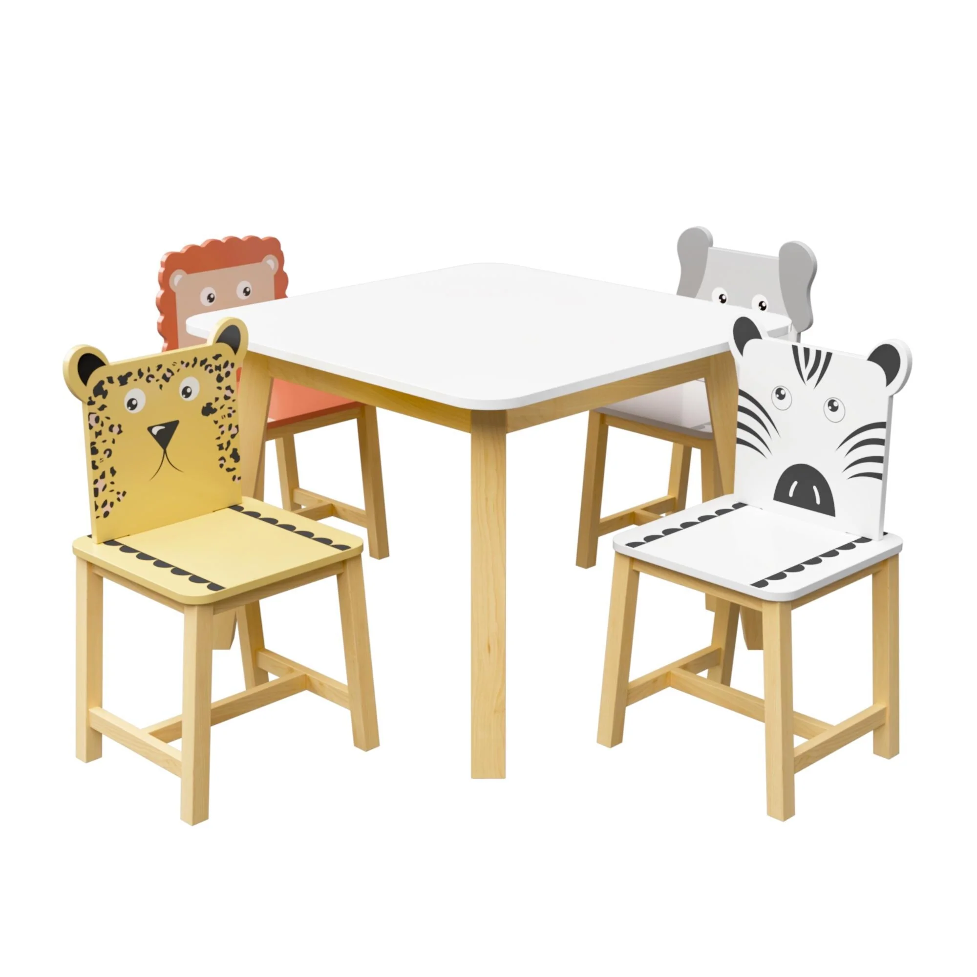 Kids Table and 4 Chair Set, Cartoon Animal Design, Durable MDF and Pine Wood, Perfect for Ages 3-8