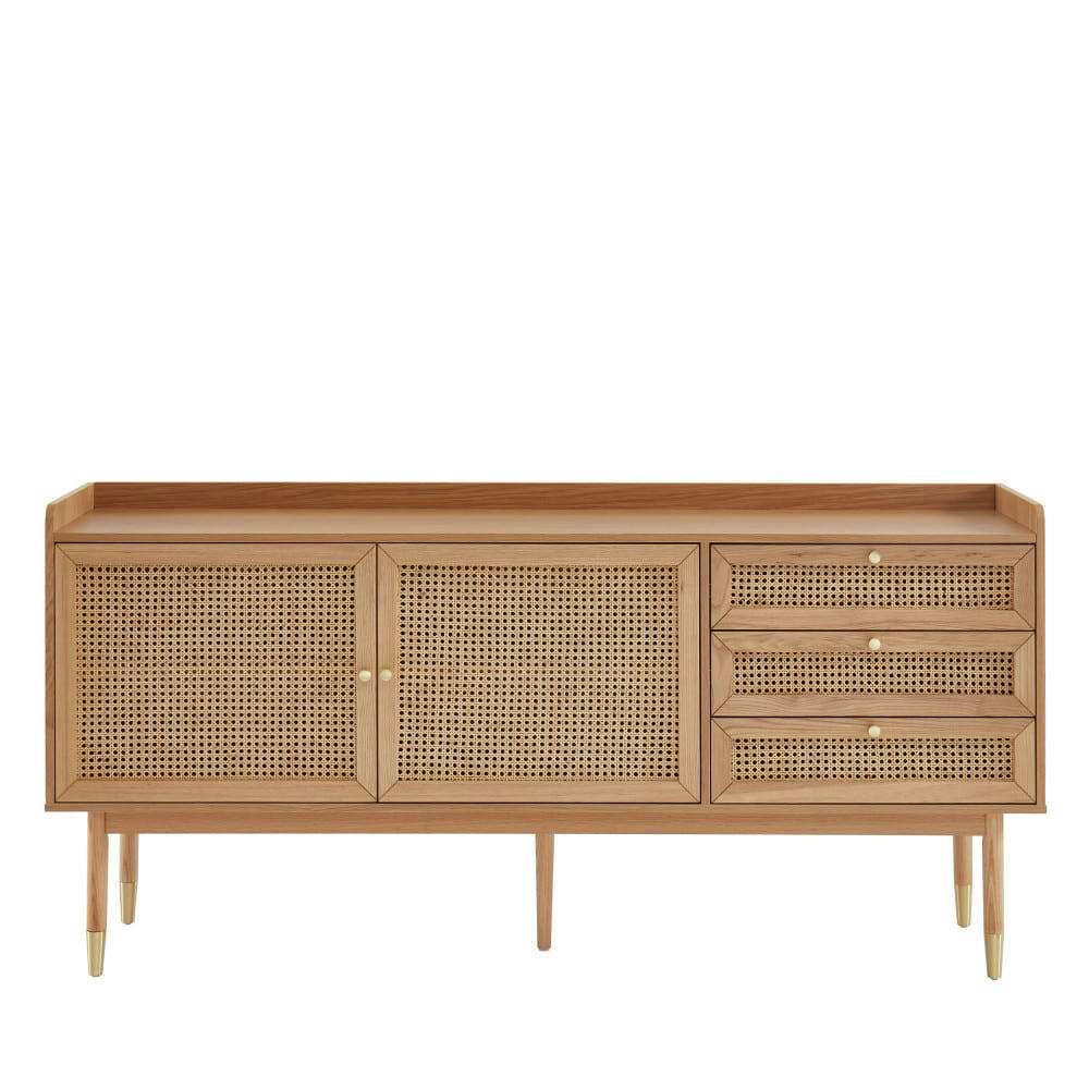 BOMBONG - Buffet 2 portes 3 tiroirs en bois et cannage L180cm bois clair