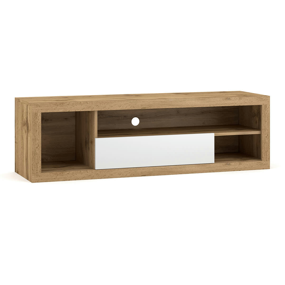 EVER - Meuble tv 1 porte 3 niches 140 cm naturel et blanc