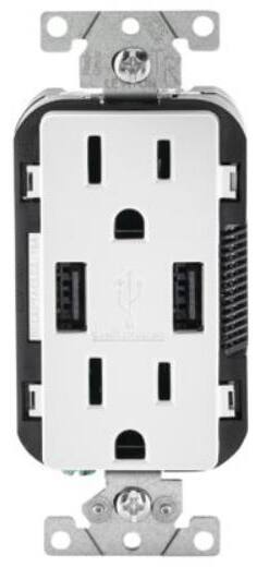 Leviton T5632-754 Decora 2-Port USB Type-A Wall Outlet Charger with 15A Tamper-Resistant Receptacles, White, 2-pk