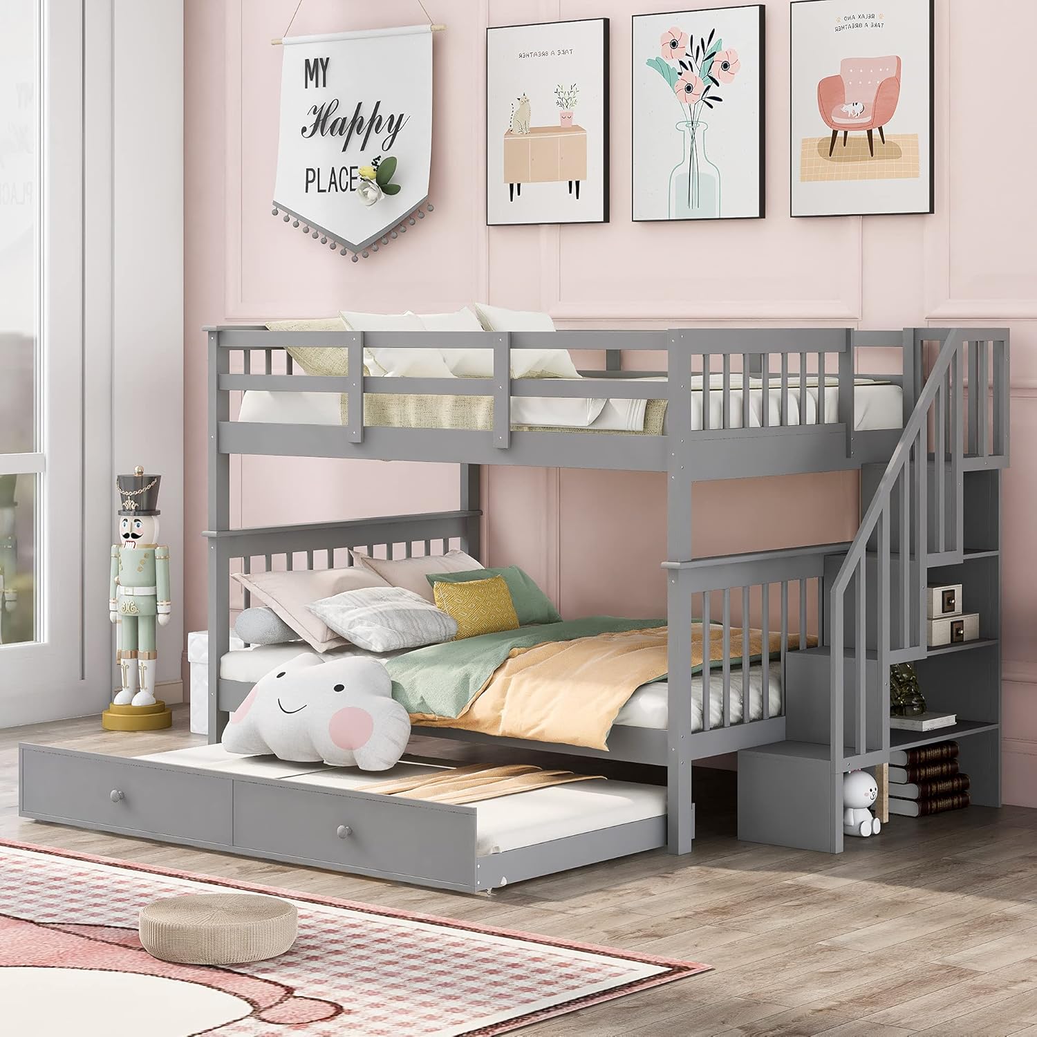 Bellemave Full Over Full Bunk Beds with Stairs and Trundle Wood Bunk Bed Frame with Staircase and Storage Shelves for Kids Teens Adult, Detachable Stairway Bunkbed for Boys Girls, Gray