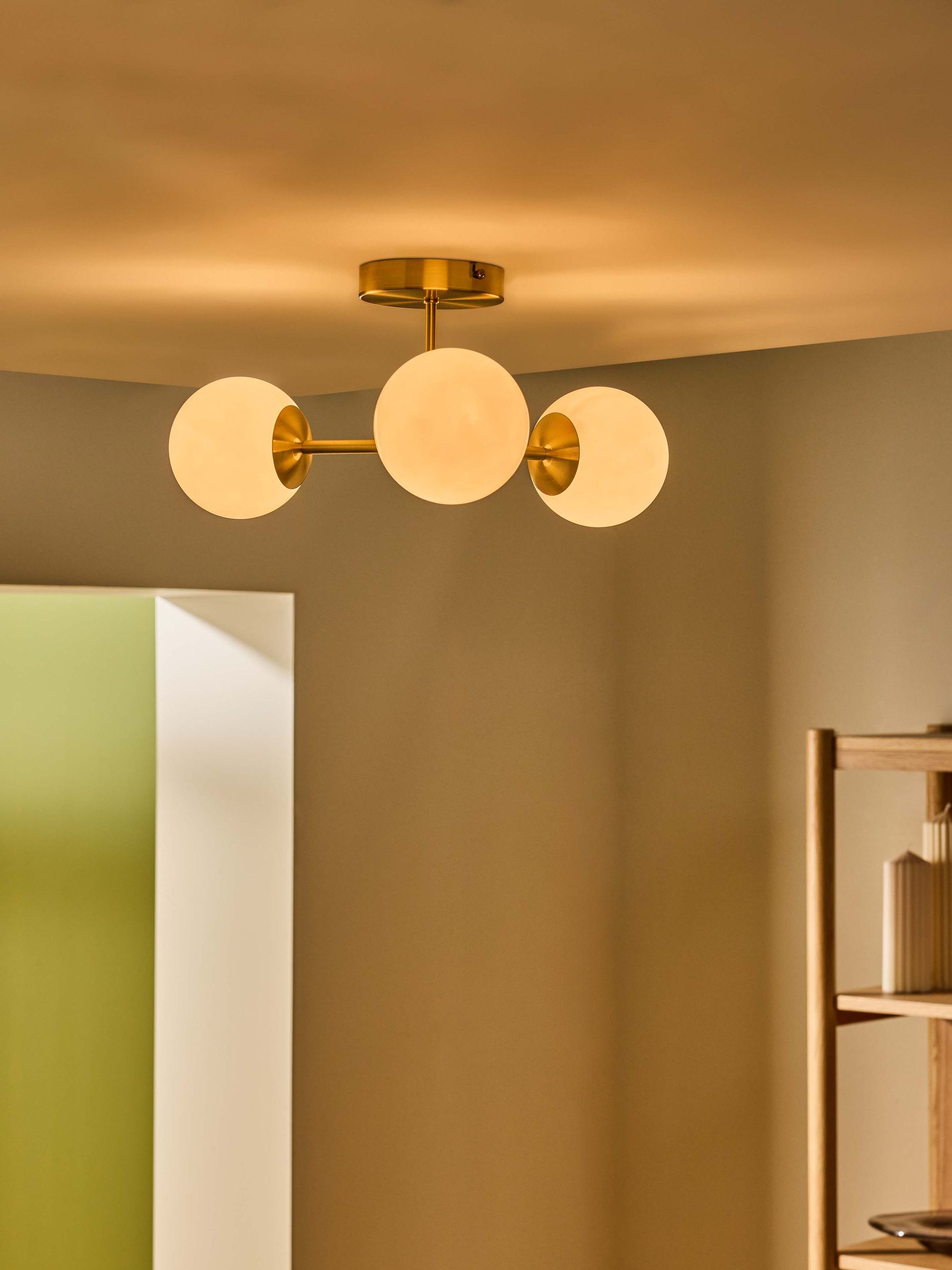 Globe 3 Light Flush Ceiling in Brass/Opal
