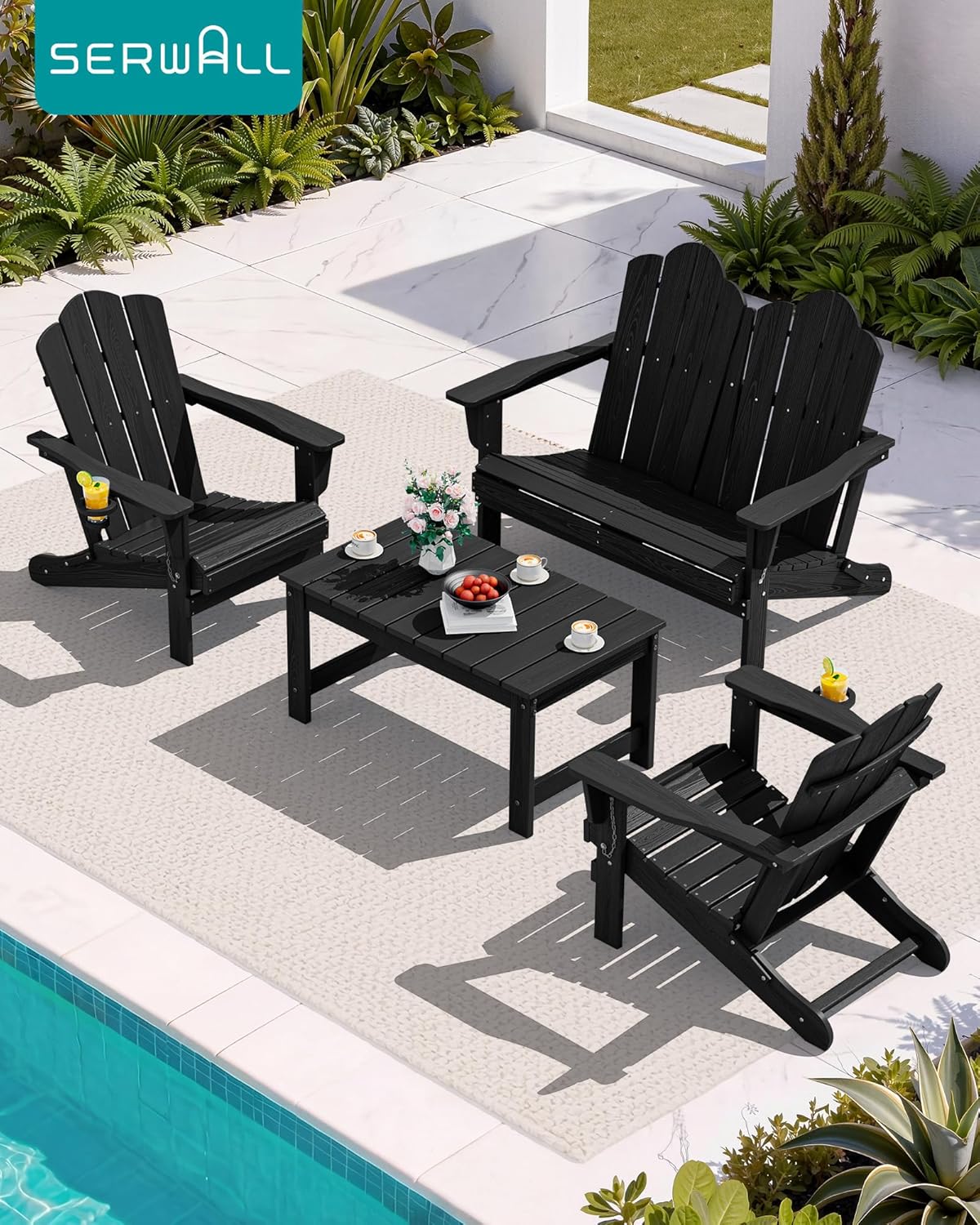 SERWALL Outdoor Coffee Table, HDPE Patio Coffee Table for Outside, Rectangle, Black