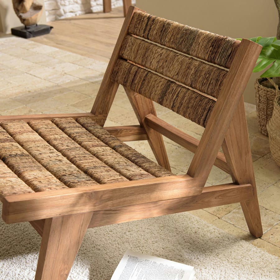 ALIDA - Fauteuil lounge en bois de teck recyclé assise en tissage