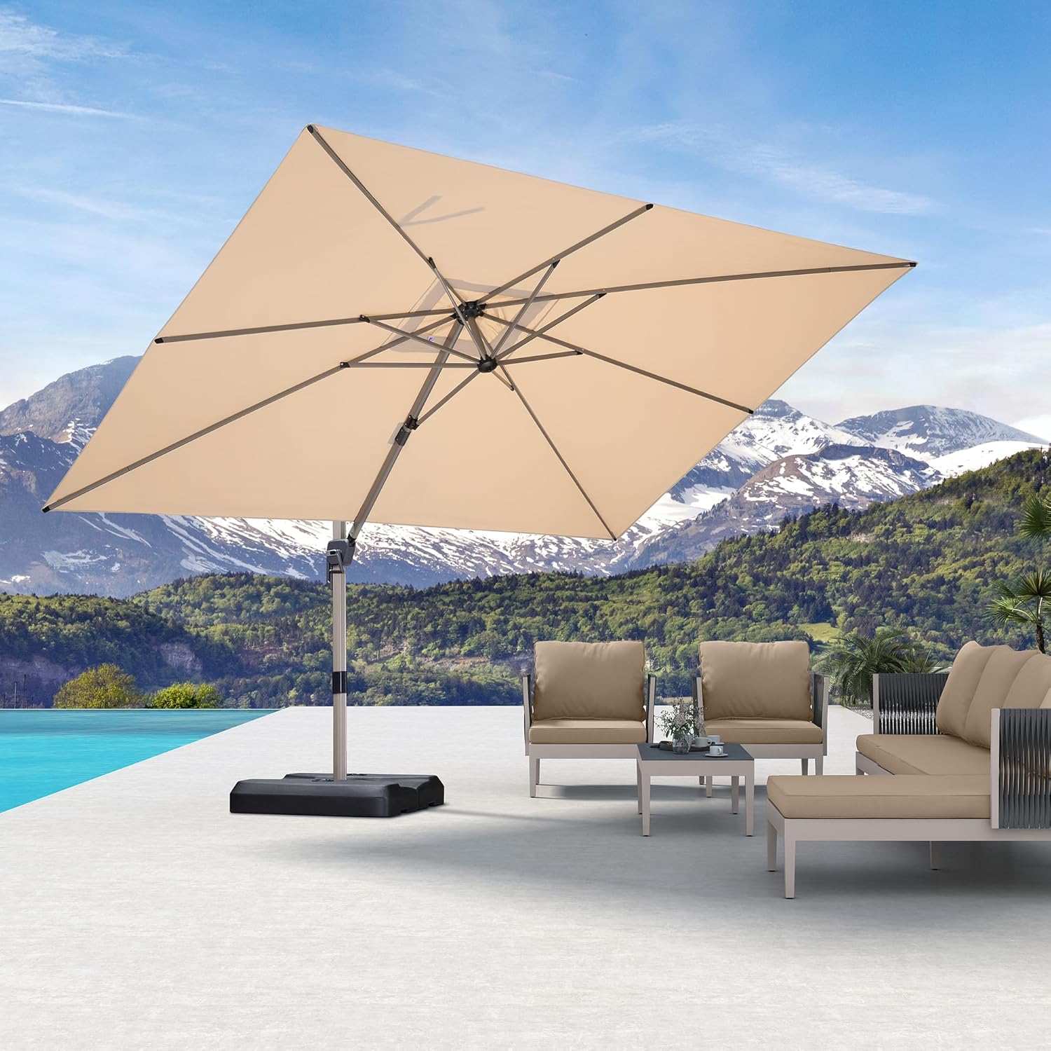 PURPLE LEAF 9' X 11' Patio Umbrella, Rectangle Outdoor Cantilever Umbrella, Aluminum Offset Umbrella with Champagne Frame and 360° Rotation for Pool Deck Garden, Beige