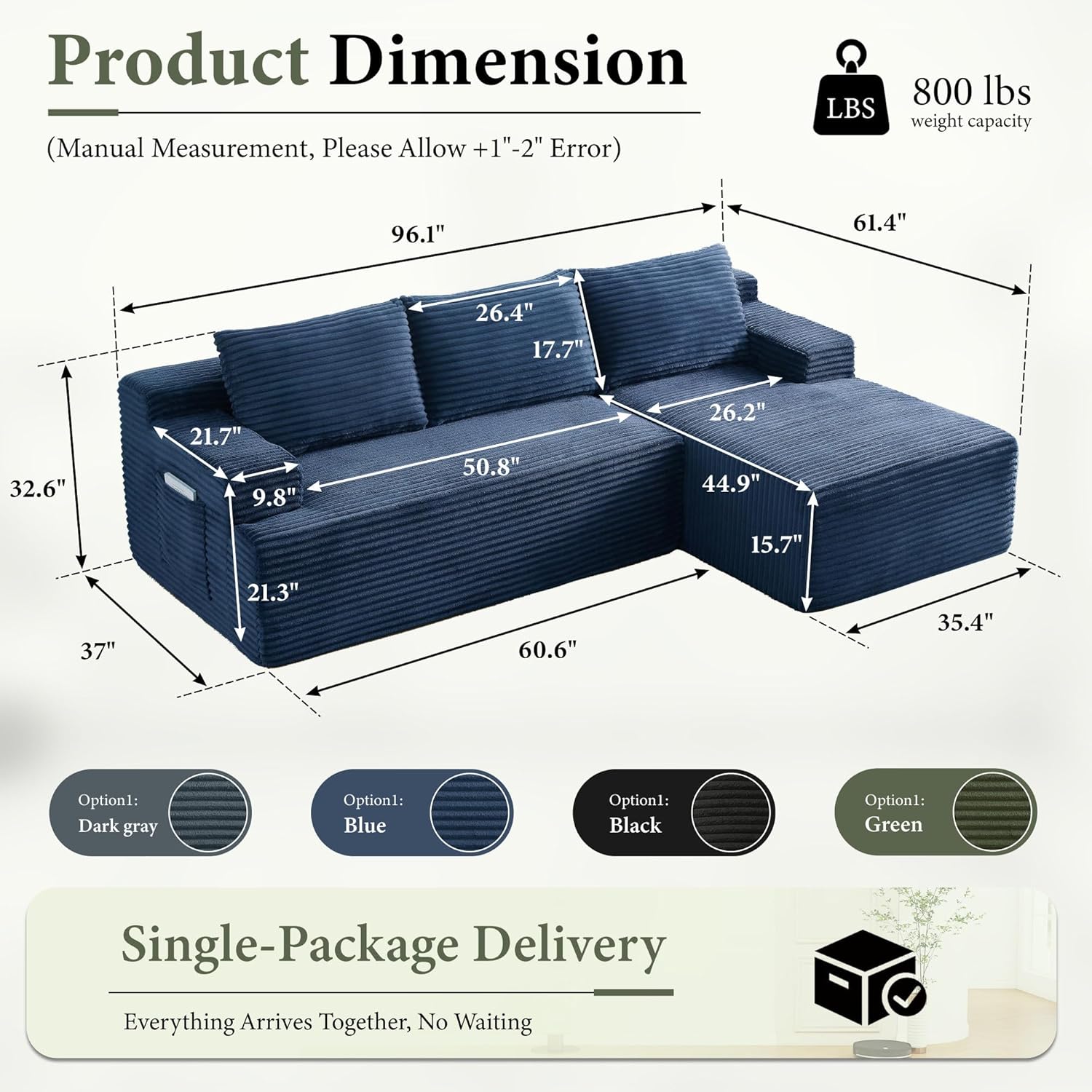 96 Sectional Couches for Living Room Cloud Couch Sofa with L-Shape Upholstered Boneless Couchs Modern Modular Sectional Couch with Chaise (Bule, 96 W+Right Facing Chaise+2Seaters)