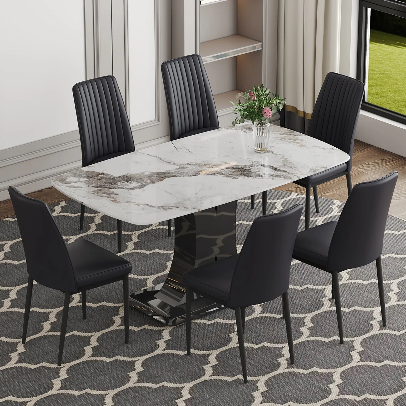 7-Piece Dining Table Set with Convertible Base & Faux Marble Top, 6 Chairs