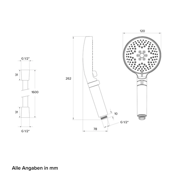 Handbrause mit Brauseschlauch, schwarz matt, mit drei Strahlarten
