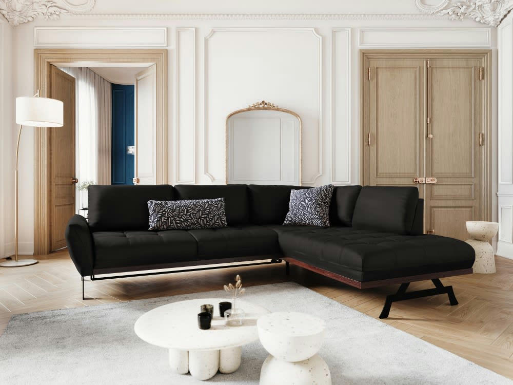 OLIVIER - Canapé d'angle 5 places en cuir noir