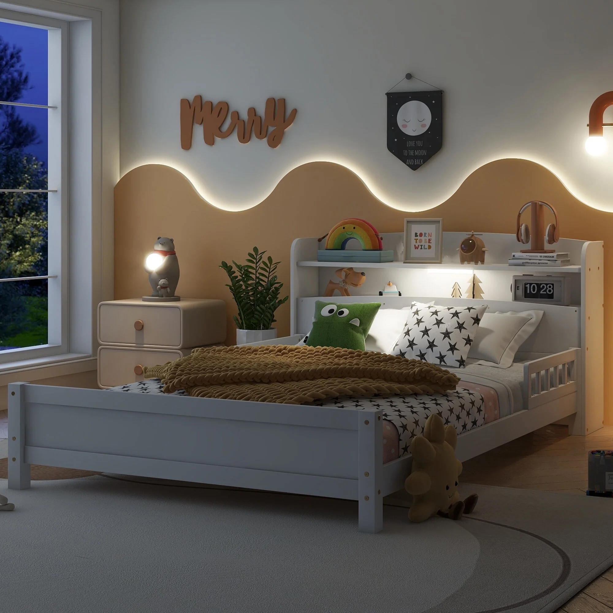 Full Pine Wood Bed with Bookcase Headboard ,LED Motion Sensor Light, Bed Guardrails,White
