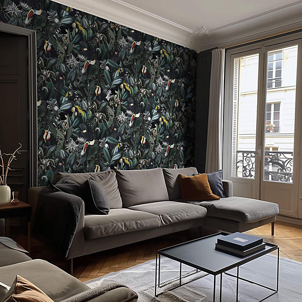 Papier peint avec plantes tropicales et toucans - 255x260 cm (l x h)