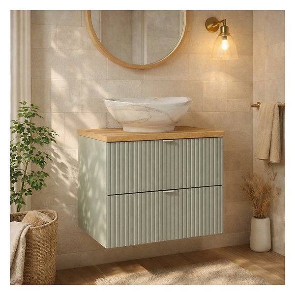 Ensemble ELVINA 60cm : meuble sous vasque à tiroirs vert sauge gris et plan pour vasque aspect bois foncé et vasque à poser marbré