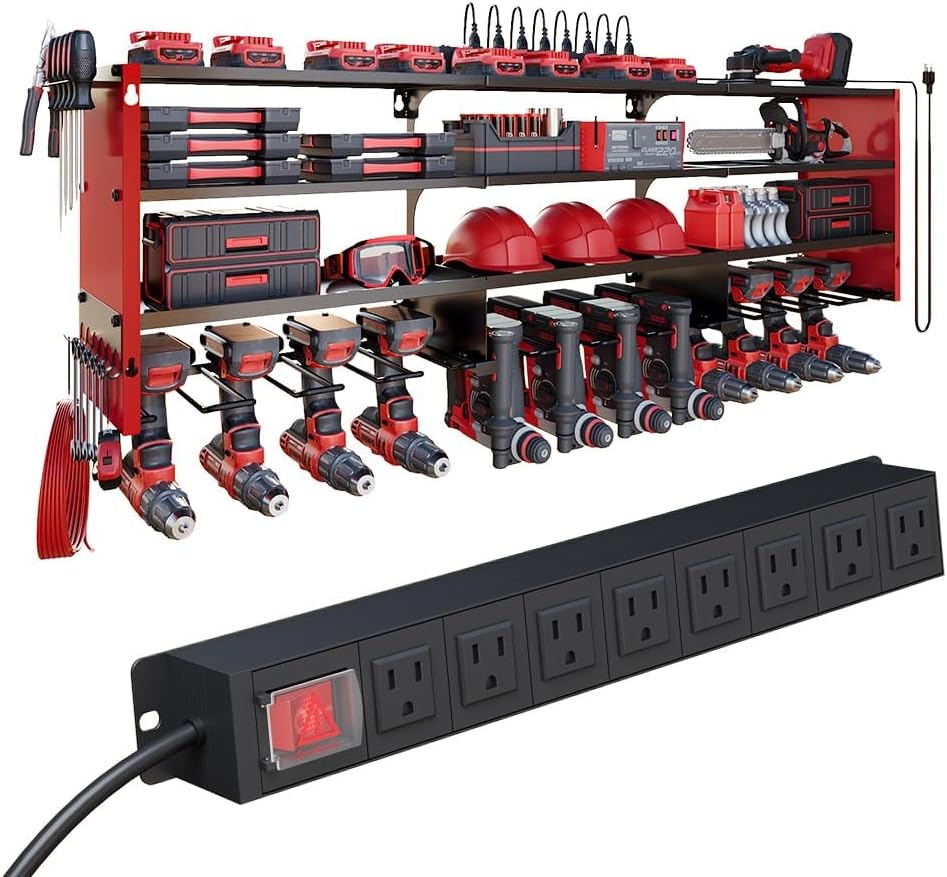 53 Power Tool Organizer Wall Mount with Power Strip, Heavy Duty Metal Tool Shelf, 400lbs Capacity for Cordless Drills, Batteries & Garage Storage (12 Slots with 8 Outlets Power Strip)