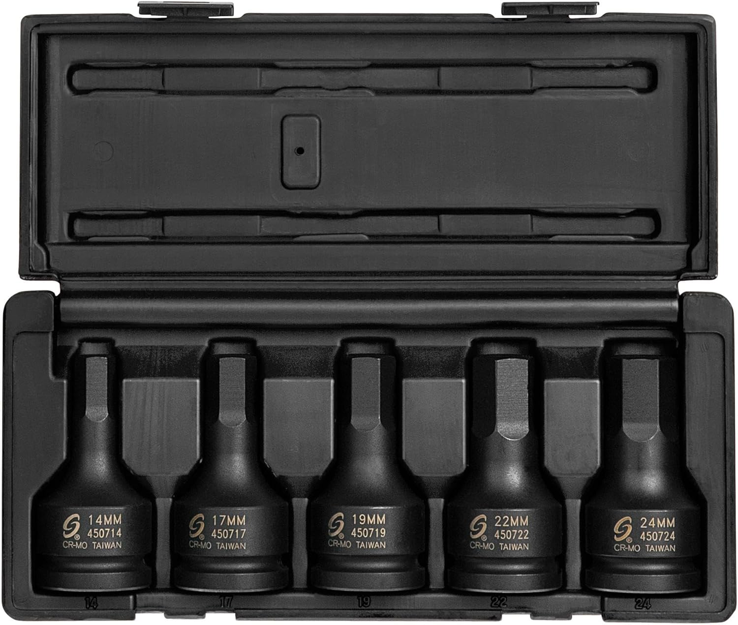 SUNEX TOOLS 4507, 3/4 Inch Drive Impact Hex Driver Set, 5-Piece, Metric, 14mm-24mm, Cr-Mo Steel, Dual Size Markings, Heavy Duty Storage Case