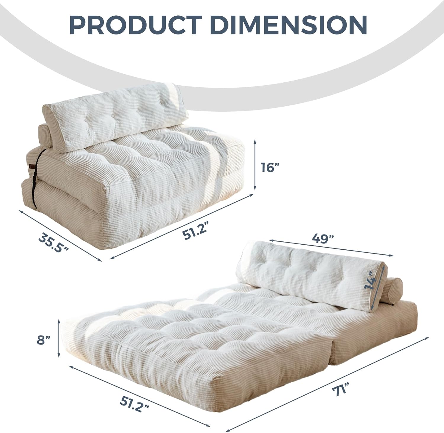 MAXYOYO Folding Sofa Bed, Convertible Sleeper Chair with Pilow Foldable Mattress with Back Support, Portable Fold Out Chair Bed Comfy Floor Sofa Lounge for Living Room Bedroom, Beige, Double