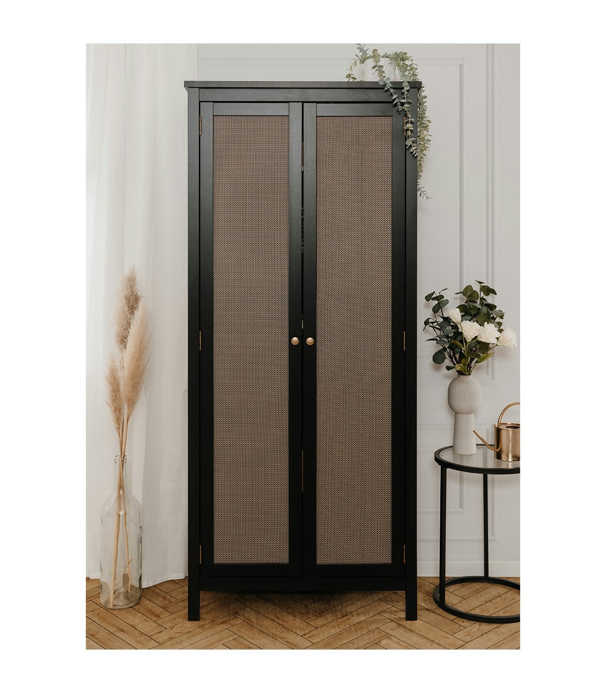 KRAKOW - Armoire 2 portes noir et effet bois et métal - L80 x H187 cm