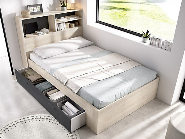 Lit 120 x 190 cm avec rangements - Coloris : Naturel et anthracite - VARDIEL
