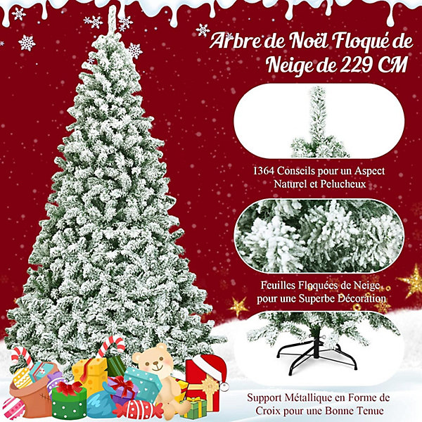 230CM Sapin de Noël Artificiel Flocage de Neige Mince 1346 Branches en PVC Ignifuge Base en Fer Arbre de Noël