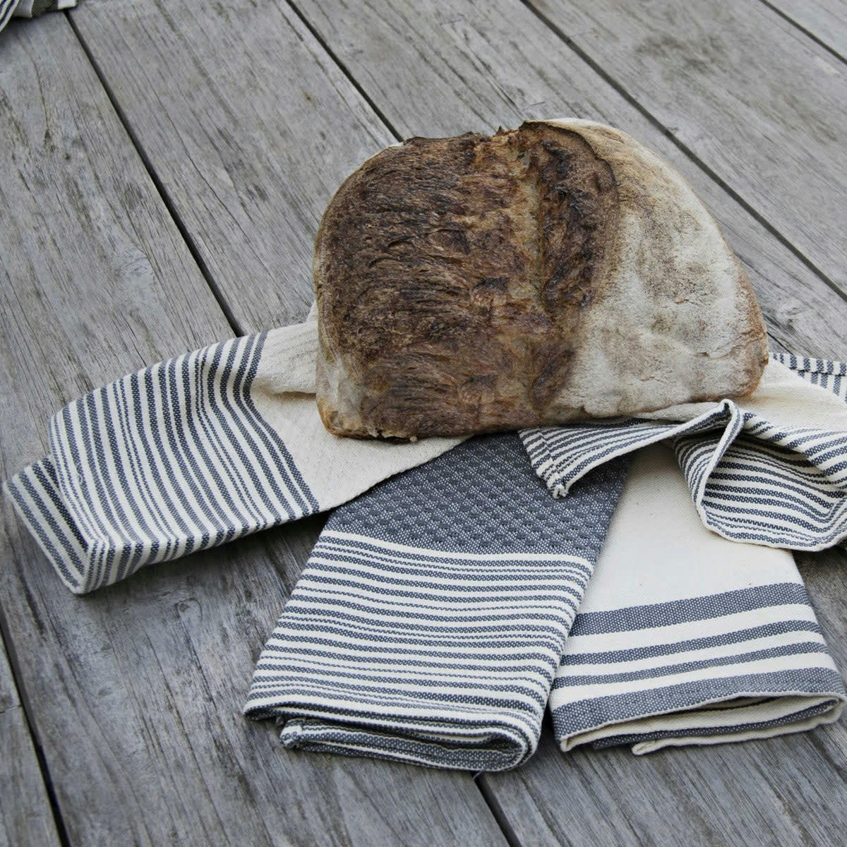 ESSENTIELLE - Torchons (x3) coton  60x40 gris moyen / écru