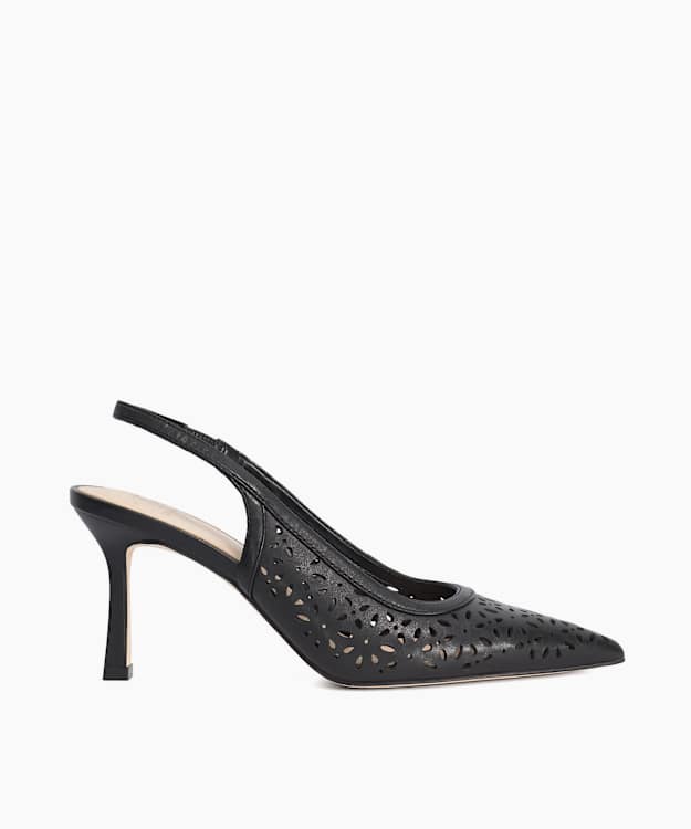 Corfu Black - Laser Cut Leather Sling-Back Heels