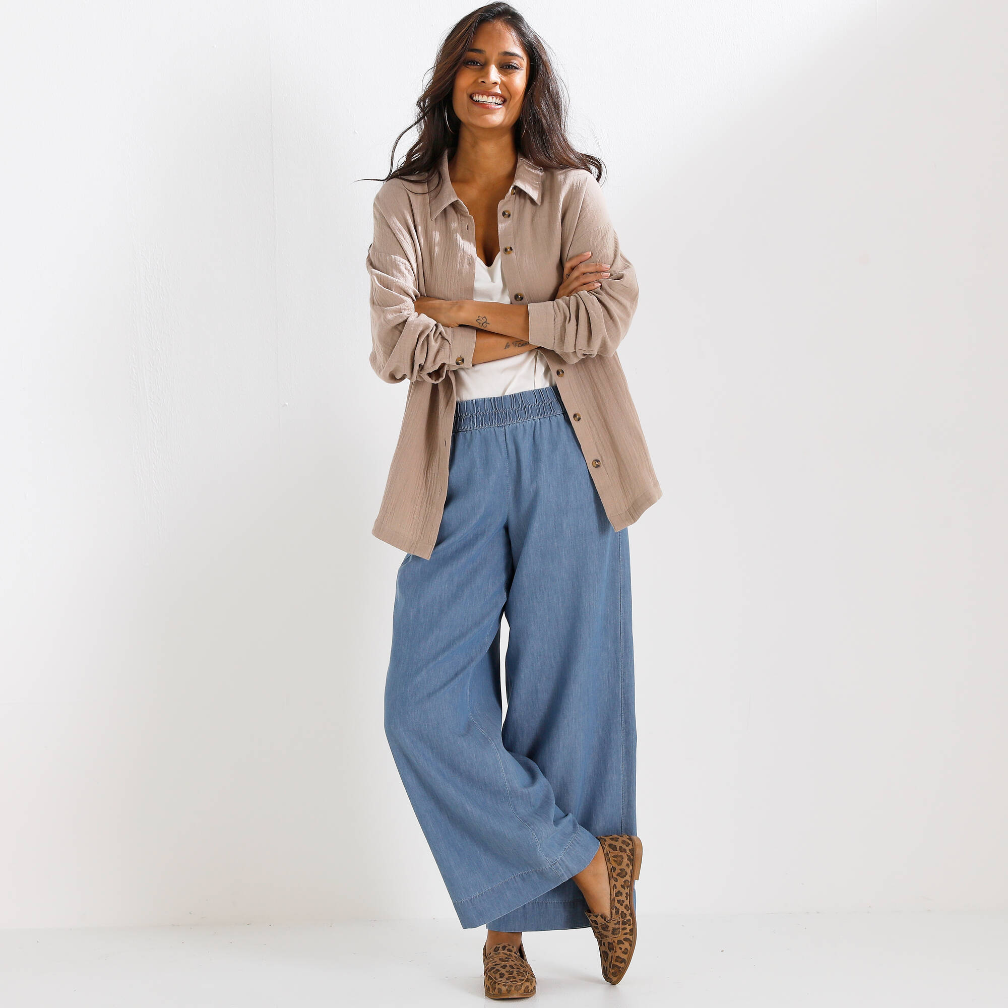 Pantalon large en jean léger, taille élastiquée