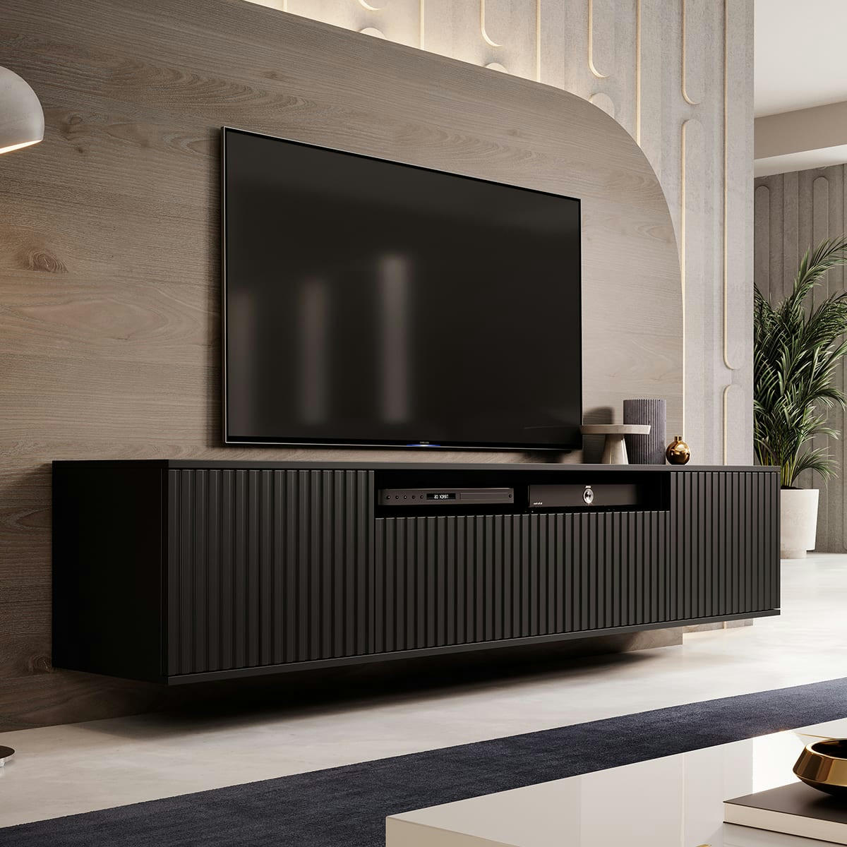- Meuble TV mural 3 portes 200 cm stratifiés, métal noir
