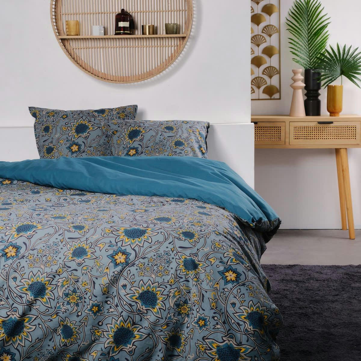 SUNSHINE ROMY - Parure de lit imprimé en coton bleu 220x240