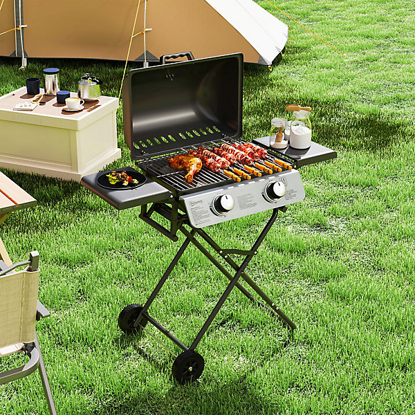 Barbecue gaz pliable portable avec couvercle roues 2 brûleurs 5,6kW thermomètre régulateur tuyau inclus