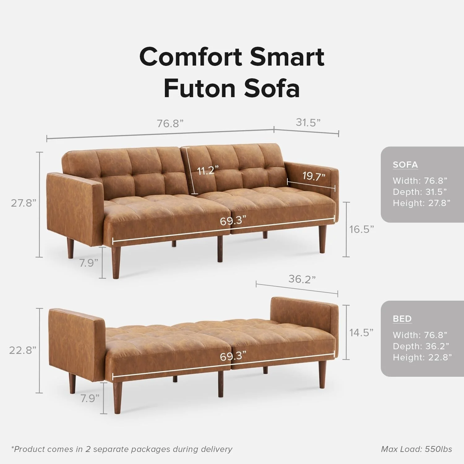 76.8 Mid Century Futon Sofa Bed - Convertible Sleeper Loveseat for Living Room & Bedroom, Faux Leather Pecan Brown