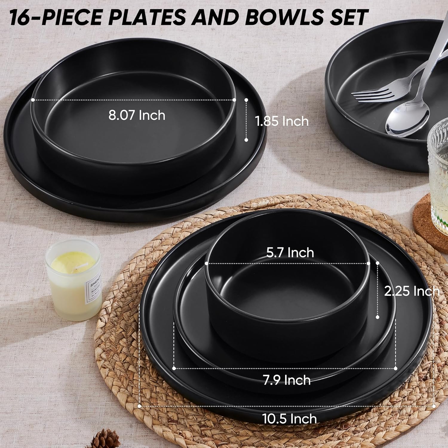 E-far 16-Piece Black Plates and Bowls Sets - Stoneware Dinnerware Sets with Pasta Bowls for 4 | Matte Black Kitchen Modern Dish Set, Microwave & Dishwasher Safe