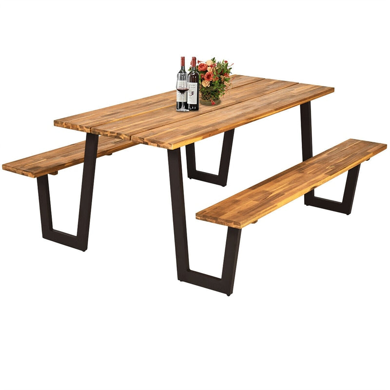 70¡± Acacia Wood Outdoor Dining Table Set Picnic Table Bench Set with Umbrella Hole