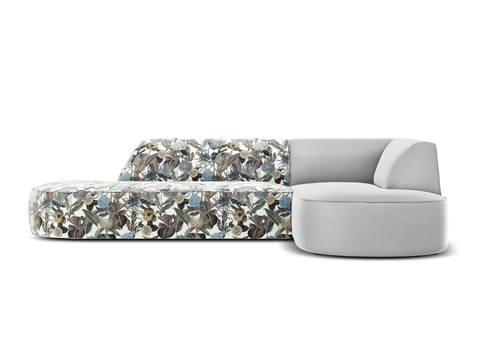 CHARLES - Canapé D'Angle Droit 4 places en Velours Motif de Jardin Bleu Clair